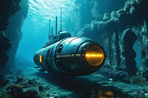 Deep sea submersible bathed in artificial light navigates through murky waters, AI generated, deep