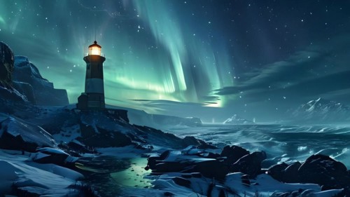 Lighthouse standing on a snow covered coast with aurora borealis dancing in the night sky, AI