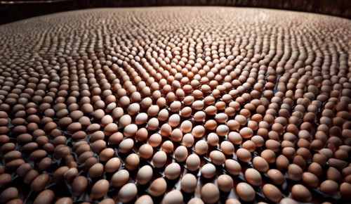 Egg production in a factory, eggs on a conveyor belt, AI generated