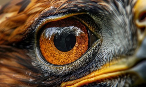Macro image revealing the intense gaze and detailed feathers of an avian eye AI generated