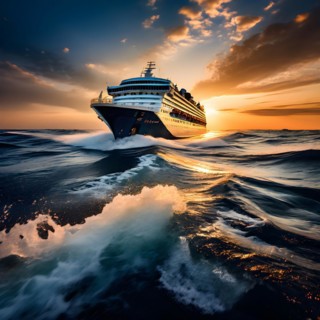 Cruise ship slicing through sparkling ocean waters at warm sunlight, AI generated