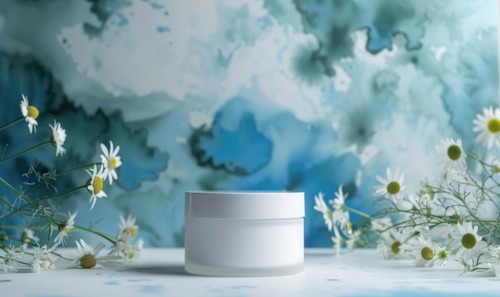 Blank cosmetic jar mockup placed on an elegant watercolor chamomile background, skin care and