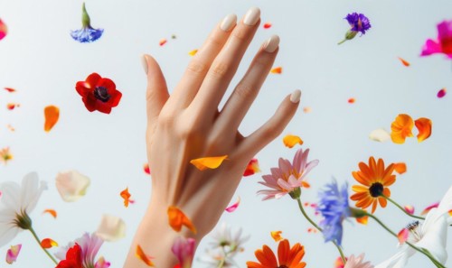 Close-up of a woman's hand holding colorful flower petals AI generated