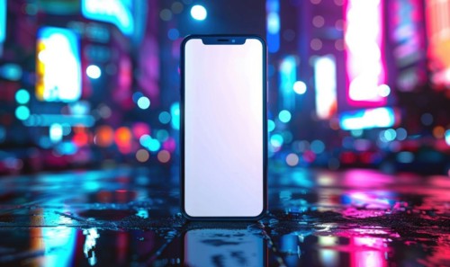 Smartphone mockup with a blank screen on a vibrant cityscape background AI generated