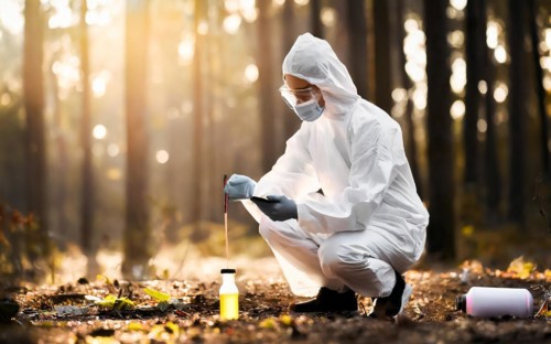 Securing evidence at a crime scene in the forest, KTU, forensic investigation by the criminal