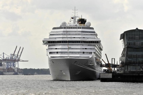 COSTA PACIFICA, Large cruise ship in the harbour with container cranes in the background on a