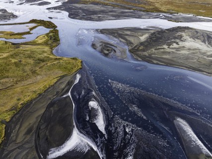 Overgrown river landscape, Eldhraun, near Kirkjubaejarklaustur, drone image, Sudurland, Iceland,