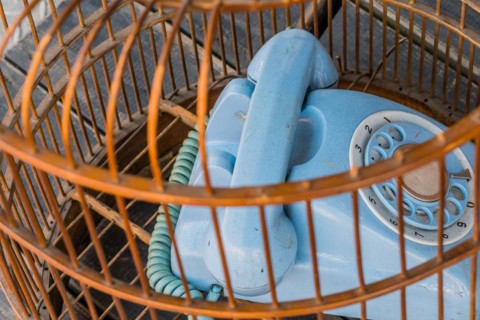 Old style rotary phone sitting in birdcage sitting outside on wooden step in Seoul, South Korea,