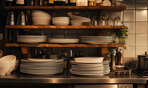 Warmly lit rustic kitchen with stacked plates and wooden shelves, evoking coziness AI generated