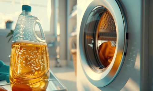 Laundry room interior with washing machine and detergent in sunny day AI generated