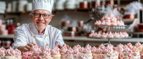 A smiling pastry chef proudly shows off an array of decorated cupcakes with pink frosting in a