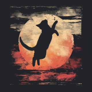 Grunge effect applied to a cat silhouette with a rough textured moon set against a dark backdrop,