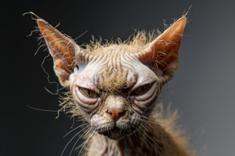 Close up of ugly cat with large eyes and sparse fur. KI generiert, generiert, AI generated