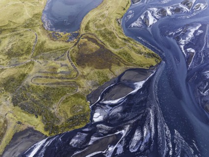 Overgrown river landscape, Eldhraun, near Kirkjubaejarklaustur, drone image, Sudurland, Iceland,