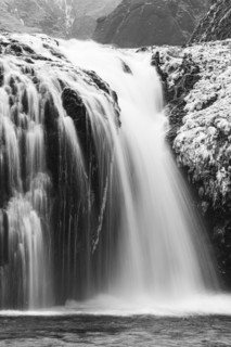 Stjornarfoss waterfall, near Kirkjubaejarklaustur, black and white photo, Sudurland, Iceland,