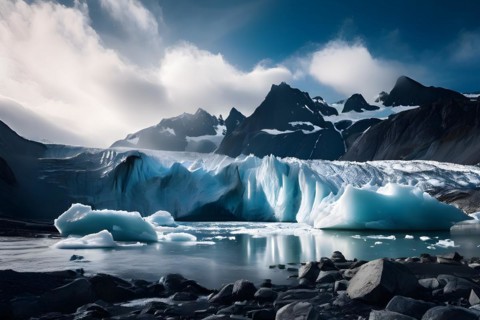 Glacier fractures embracing the deep crevasses indicative of rapid melting under a subdued sky, AI