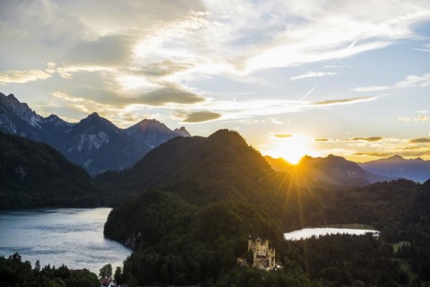 Hohenschwangau Castle, foehn storm, sunset, near Fuessen, Ostallgaeu, Allgaeu, Bavaria, Germany,