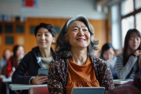 A woman of advanced age, senior citizen, sitting with a digital tablet in a course room, training