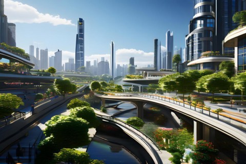 Cityscape designed with pedestrian priority elevated walkways intersect with verdant greenbelts, AI