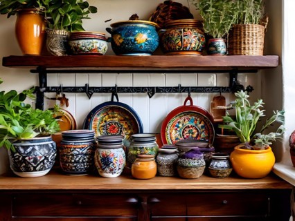 Boho kitchen shelf eclectic mix of colorful ceramic pots hanging cast iron pans shelves adorned, AI