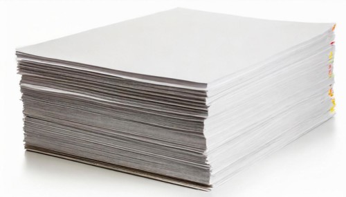 A tall stack of paper with colourful tabs in an office environment, symbol bureaucracy, AI