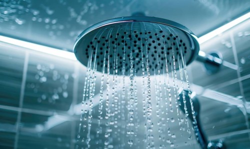 Blue-tinged water sprays from a shower head, evoking a refreshing feeling AI generated