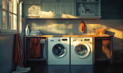 Laundry room interior with washing machine and clothes AI generated
