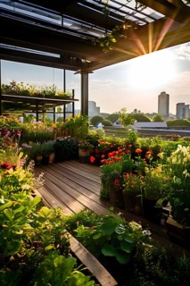 Urban rooftop garden brimming with verdant plants blossoming flowers embodying a sustainable city,