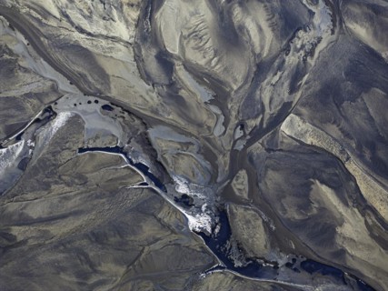 Overgrown river landscape, Eldhraun, near Kirkjubaejarklaustur, drone image, Sudurland, Iceland,