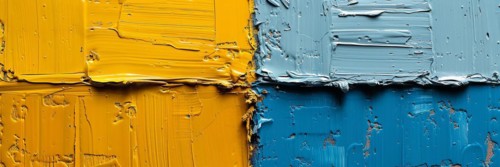 Abstract art with perpendicular brush strokes in yellow and blue creating texture, banner 3:1 wide