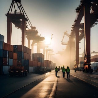 Bustling container terminal capturing the scene from the inner depths as colossal cranes, AI
