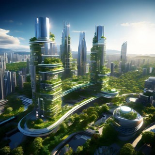 Conceptual futuristic sustainable city replete with green rooftops and integrated solar panels, AI