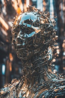 Serene head sculpture with a detailed chrome texture and reflective surfaces, evoking a futuristic