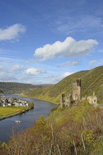View of the ruins of Metternich Castle near Beilstein and the wine village of Ellenz-Poltersdorf,