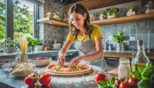 Artisan pizza chef preparing a pizza, ingredients, kitchen, AI generated, AI generated