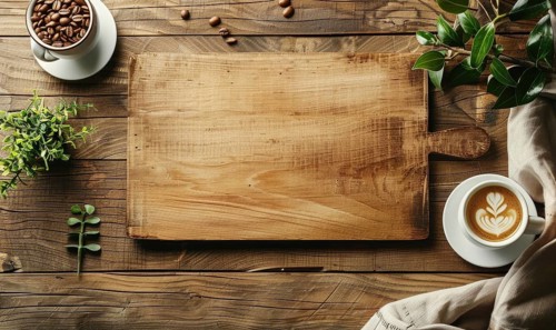 Top view of a rustic wooden cutting board with a coffee cup and latte art, surrounded by greenery