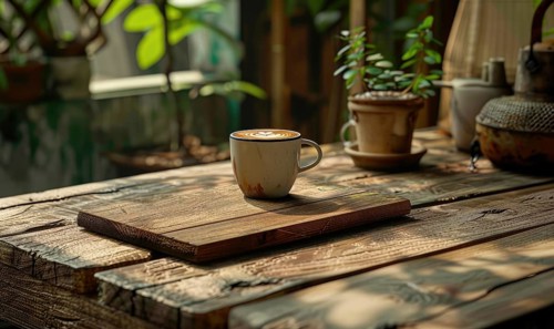 An espresso cup on a rustic wooden table beside a potted plant with natural light AI generated