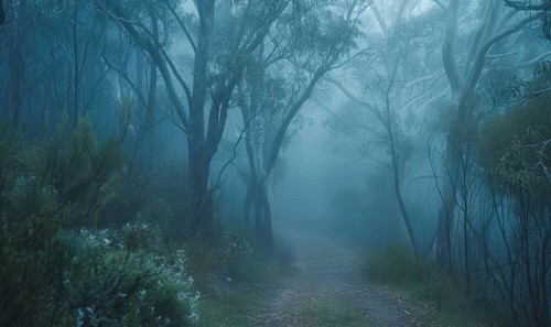 Misty trail winding through a dense eucalyptus forest AI generated