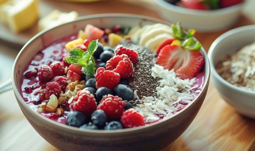 Nutritious acai bowl topped with various berries, seeds, and coconut shavings AI generated