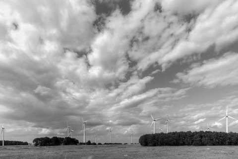 Wind turbines on the A 9 motorway, cloudy sky, Thuringia, Germany, Europe