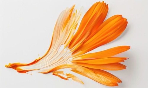 A vibrant orange brush stroke forming a chamomile petal. Chamomile flower painted on white