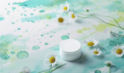 Cosmetic jar blank mockup placed on a serene watercolor chamomile background AI generated