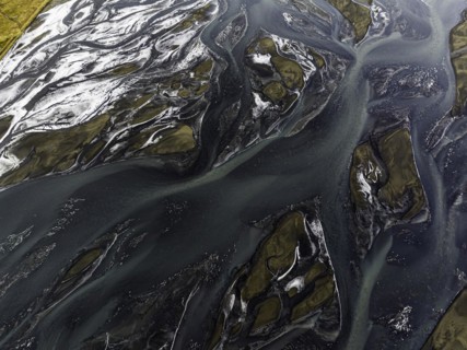 Overgrown river landscape, Eldhraun, near Kirkjubaejarklaustur, drone image, Sudurland, Iceland,