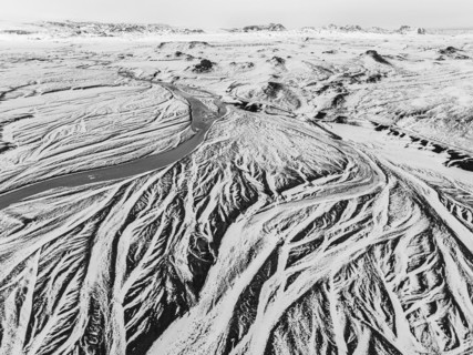 Overgrown river landscape, onset of winter, Fjallabak Nature Reserve, drone image, black and white