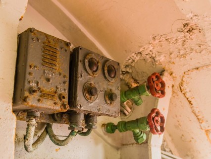 Closeup of rusted electrical circuit boxes and pressure valves with red handles attached to green