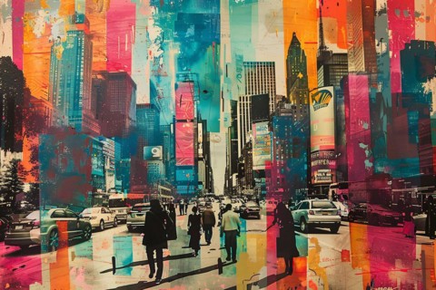 Abstract rendition of a city street scene brimming with color and urban activity, illustration, AI