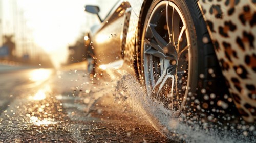 Luxury car speeding through water puddles with splashing water, ultra low super wide angle view, AI