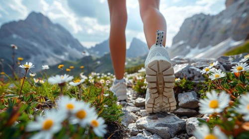 Rear view of a person walking on a rocky trail lined with white flowers in a mountainous area, AI