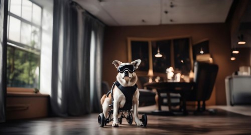Dog in a wheelchair, pet rehabilitation in technological virtual reality glasses, blind dog, AI
