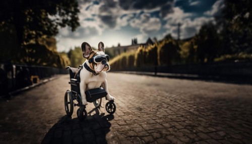 Dog in a wheelchair, pet rehabilitation in technological virtual reality glasses, blind dog, AI